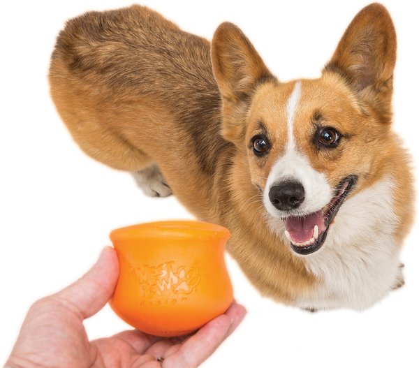 Show full view: West Paw Zogoflex Toppl Tough Treat Dispensing Dog Chew Toy, Tangerine, Small slide 3 of 7