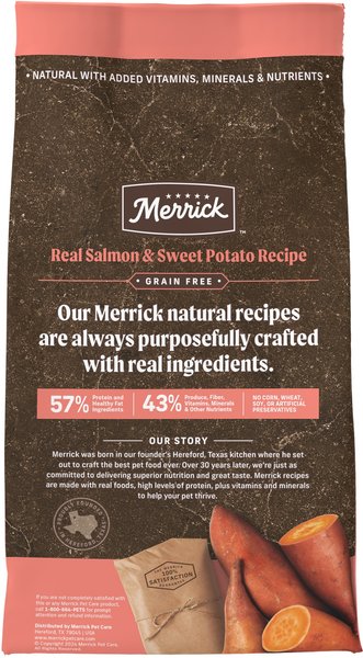 Show full view: Merrick Grain-Free Chicken-Free Real Salmon & Sweet Potato Recipe Dry Dog Food, 9.98-kg bag slide 3 of 10