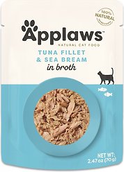 Applaws Natural Tuna Fillet with Sea Bream in Broth Wet Cat Food, 2.47-oz pouch, case of 12