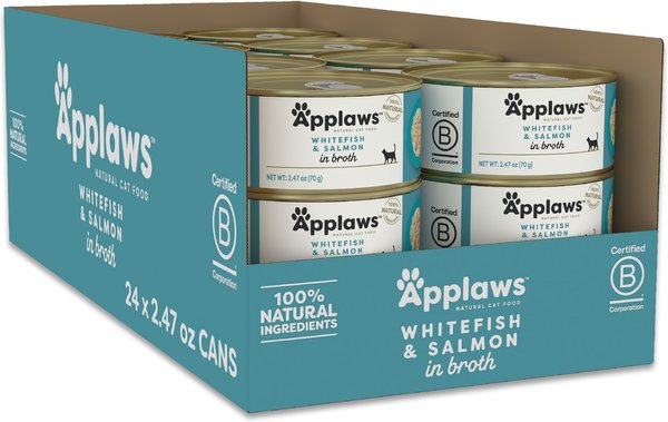 Show full view: Applaws Whitefish with Salmon in Broth Wet Cat Food, 2.47-oz can, case of 24 slide 8 of 10