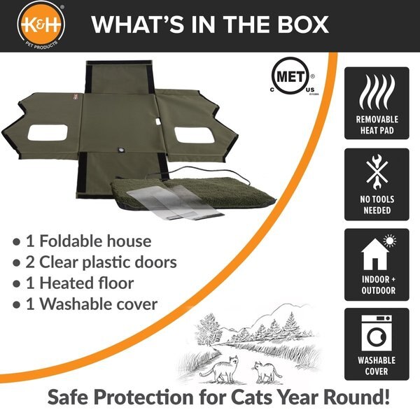 Show full view: K&H Pet Products Outdoor Heated Kitty House Extra-Wide Cat Shelter, Olive/Black slide 7 of 10