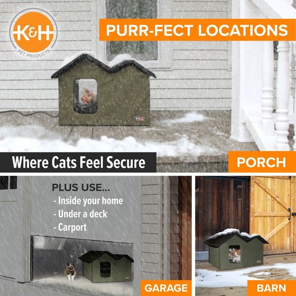 Show full view: K&H Pet Products Outdoor Heated Kitty House Extra-Wide Cat Shelter, Olive/Black slide 4 of 10