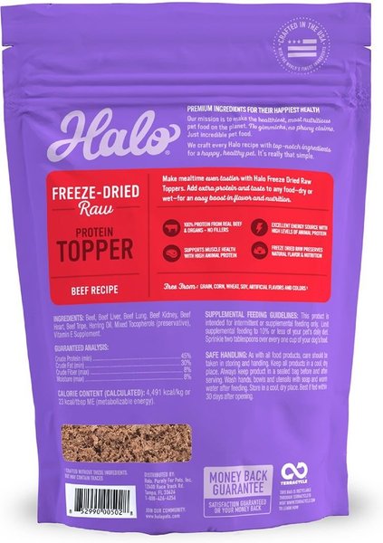 Show full view: Halo Beef Protein Recipe Freeze-Dried Raw Dog Food Topper, 3.5-oz bag slide 3 of 7