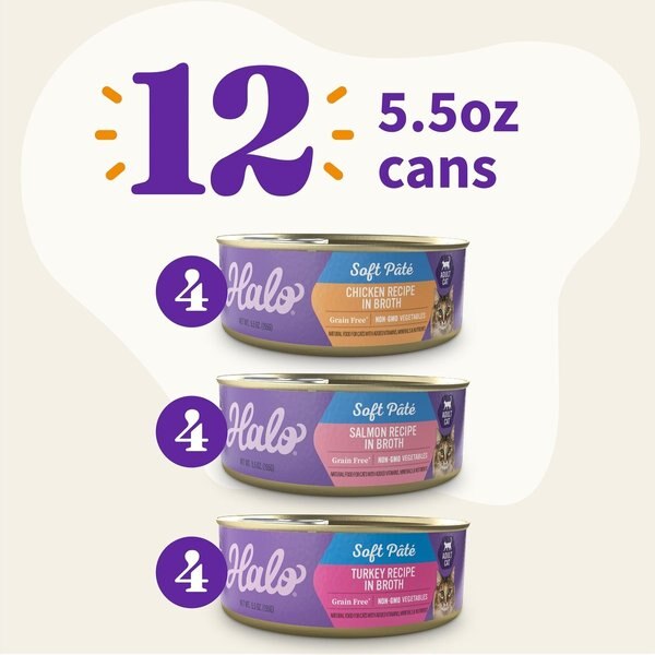 Show full view: Halo Chicken, Salmon, Turkey Variety Pack Adult Grain-Free Soft Pate in Broth Wet Cat Food, 5.5-oz, case of 12 slide 3 of 8
