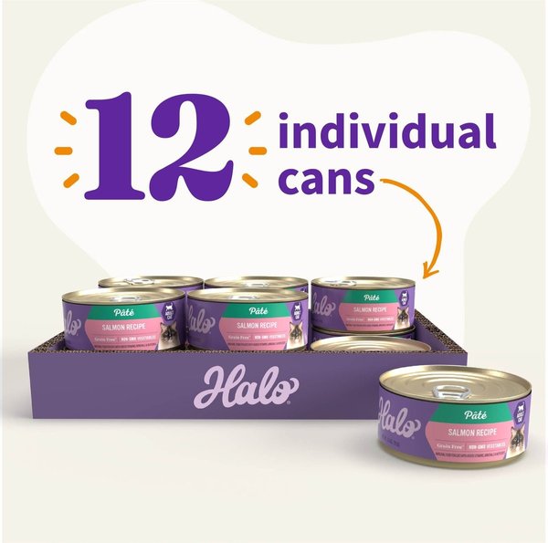 Show full view: Halo Salmon Recipe Pate Grain-Free Indoor Cat Canned Cat Food, 5.5-oz, case of 12 slide 7 of 8