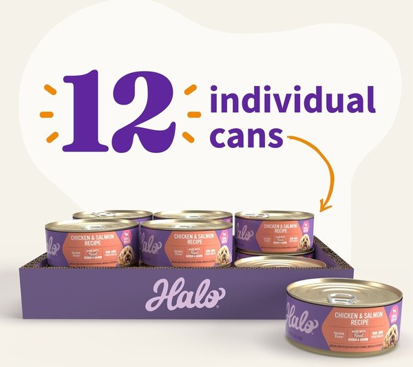 Show full view: Halo Chicken & Salmon Recipe Grain-Free Small Breed Canned Dog Food, 5.5-oz, case of 12 slide 7 of 8