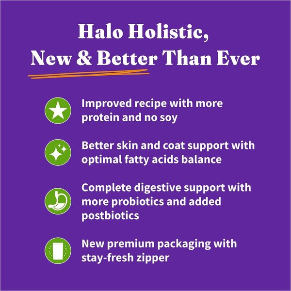 Show full view: Halo Holistic Vegan Dog Food Complete Digestive Health Plant-Based Recipe with Superfoods Adult Formula Dry Dog Food Bag, 1.59-kg bag slide 4 of 10