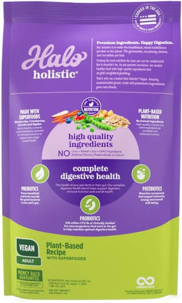 Show full view: Halo Holistic Vegan Dog Food Complete Digestive Health Plant-Based Recipe with Superfoods Adult Formula Dry Dog Food Bag, 1.59-kg bag slide 3 of 10