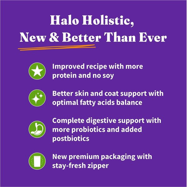 Show full view: Halo Holistic Vegan Dog Food Complete Digestive Health Plant-Based Recipe with Superfoods Adult Formula Dry Dog Food, 4.54-kg bag slide 3 of 9