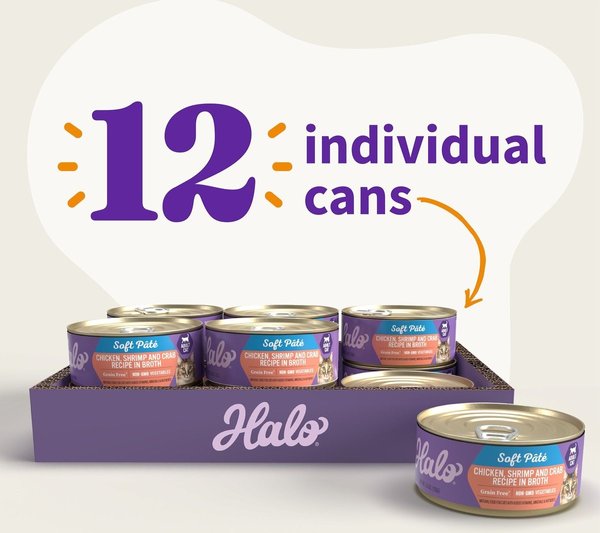 Show full view: Halo Chicken, Shrimp & Crab Adult Grain-Free Soft Pate in Broth Wet Cat Food, 5.5-oz can, case of 12 slide 3 of 10