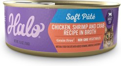 Halo Chicken, Shrimp & Crab Adult Grain-Free Soft Pate in Broth Wet Cat Food, 5.5-oz can, case of 12