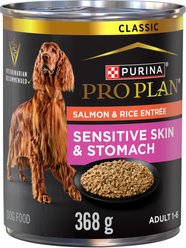 Purina Pro Plan Sensitive Skin & Stomach Salmon & Rice Wet Dog Food, 368-g can, case of 12