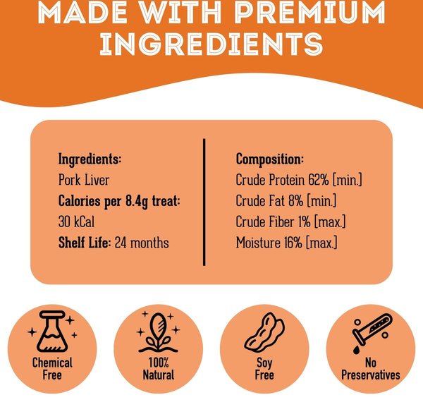 Show full view: The Granville Island Pet Treatery Hogs & Kisses Dehydrated Pork Liver Dog & Cat Treats, 3.17-oz bag slide 6 of 7