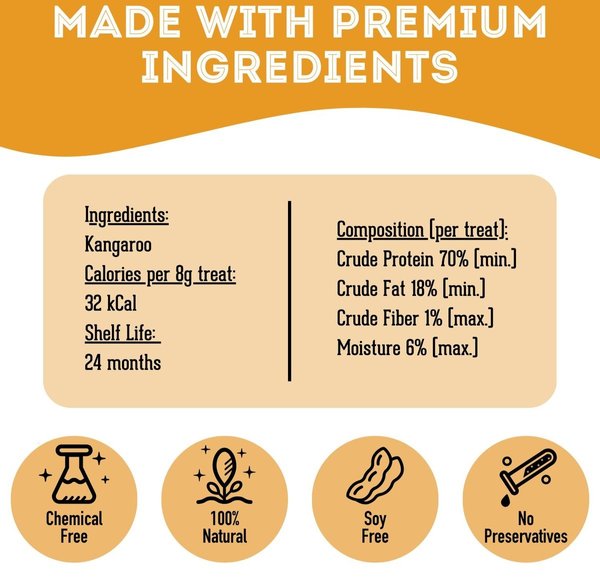 Show full view: The Granville Island Pet Treatery G'Day Mate Kangaroo Grain-Free Dehydrated Dog & Cat Treats, 3-oz bag slide 5 of 6