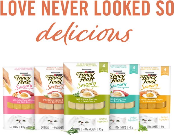 Show full view: Fancy Feast Savoury Purée Naturals with Natural Salmon & Tuna in a Demi-Glace Grain-Free Cat Treats, 10-g pouch, 4 count slide 6 of 10