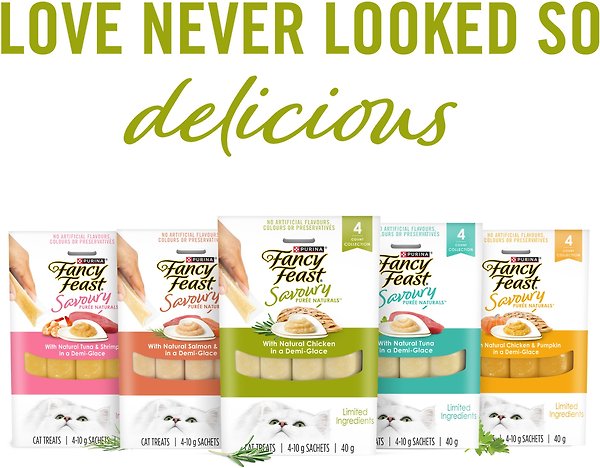 Show full view: Fancy Feast Savoury Purée Naturals with Natural Chicken in a Demi-Glace Grain-Free Cat Treats, 10-g pouch, 4 count slide 6 of 10