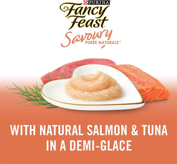 Show full view: Fancy Feast Savoury Purée Naturals with Natural Salmon & Tuna in a Demi-Glace Grain-Free Cat Treats, 10-g pouch, 4 count slide 7 of 10