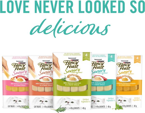 Show full view: Fancy Feast Savoury Purée Naturals Tuna in a Demi-Glace Grain-Free Cat Treats, 10-g pouch, 4 count slide 6 of 10