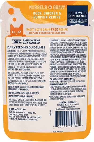 Show full view: Natural Balance Platefulls Indoor Formula Duck, Chicken & Pumpkin Formula in Gravy Grain-Free Cat Food Pouches, 85-g pouch, case of 24 slide 3 of 10