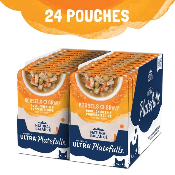 Show full view: Natural Balance Platefulls Indoor Formula Duck, Chicken & Pumpkin Formula in Gravy Grain-Free Cat Food Pouches, 85-g pouch, case of 24 slide 4 of 10