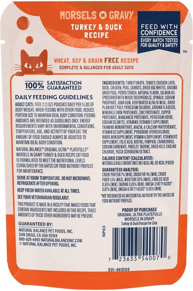Show full view: Natural Balance Platefulls Indoor Formula Turkey & Duck Formula in Gravy Grain-Free Cat Food Pouches, 85-g pouch, case of 24 slide 3 of 10