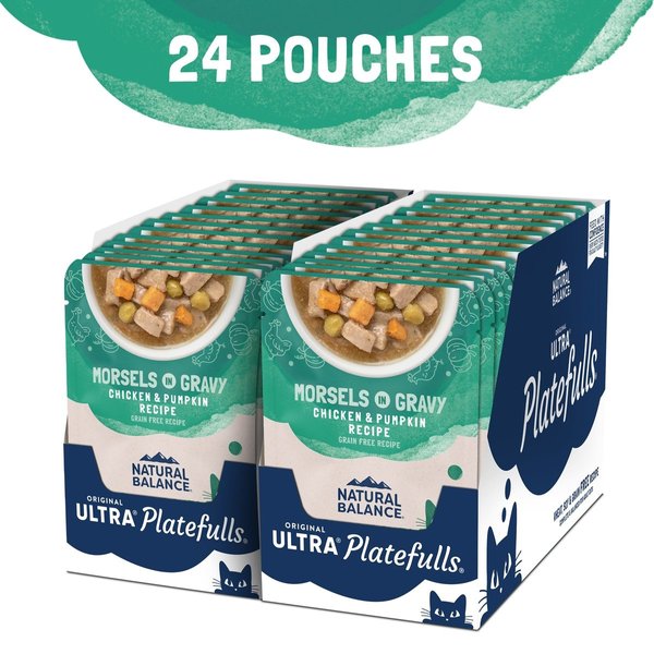 Show full view: Natural Balance Platefulls Chicken & Pumpkin Formula in Gravy Grain-Free Cat Food Pouches, 85-g pouch, case of 24 slide 4 of 10