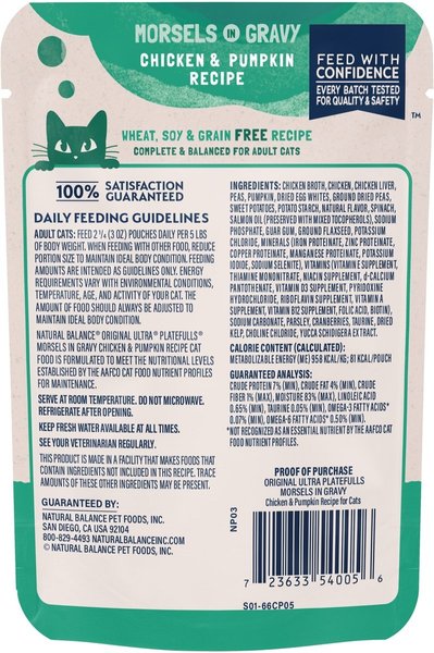 Show full view: Natural Balance Platefulls Chicken & Pumpkin Formula in Gravy Grain-Free Cat Food Pouches, 85-g pouch, case of 24 slide 3 of 10