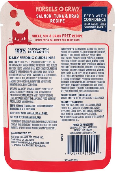 Show full view: Natural Balance Platefulls Salmon, Tuna & Crab Formula in Gravy Grain-Free Cat Food Pouches, 85-g pouch, case of 24 slide 3 of 10
