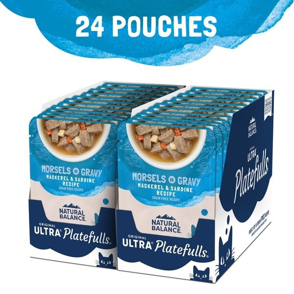 Show full view: Natural Balance Platefulls Indoor Formula Mackerel & Sardine in Gravy Grain-Free Cat Food Pouches, 85-g pouch, case of 24 slide 4 of 10
