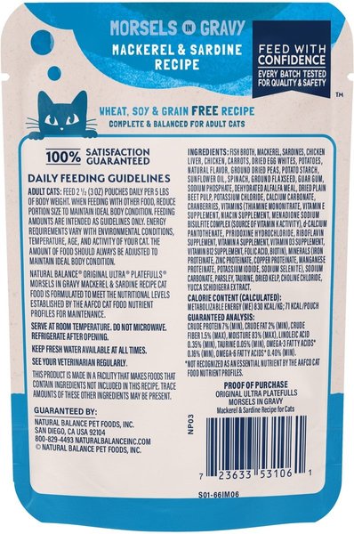 Show full view: Natural Balance Platefulls Indoor Formula Mackerel & Sardine in Gravy Grain-Free Cat Food Pouches, 85-g pouch, case of 24 slide 3 of 10