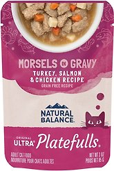 Natural Balance Platefulls Indoor Formula Turkey, Salmon & Chicken in Gravy Grain-Free Cat Food Pouches, 85-g pouch, case of 24