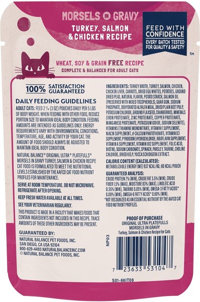 Show full view: Natural Balance Platefulls Indoor Formula Turkey, Salmon & Chicken in Gravy Grain-Free Cat Food Pouches, 85-g pouch, case of 24 slide 3 of 10