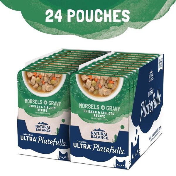 Show full view: Natural Balance Platefulls Chicken & Giblets Formula in Gravy Grain-Free Cat Food Pouches, 85-g pouch, case of 24 slide 4 of 10