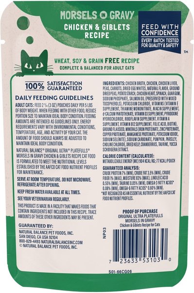 Show full view: Natural Balance Platefulls Chicken & Giblets Formula in Gravy Grain-Free Cat Food Pouches, 85-g pouch, case of 24 slide 3 of 10