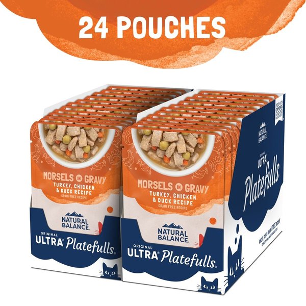 Show full view: Natural Balance Platefulls Turkey, Chicken & Duck Formula in Gravy Grain-Free Cat Food Pouches, 85-g pouch, case of 24 slide 4 of 10