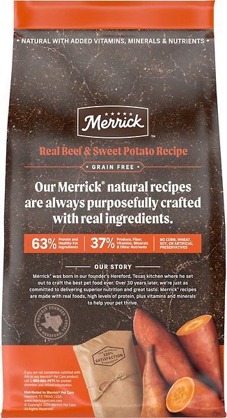 Show full view: Merrick Real Texas Beef + Sweet Potato Recipe Grain-Free Chicken-Free Adult Dry Dog Food, 1.81-kg bag slide 3 of 10