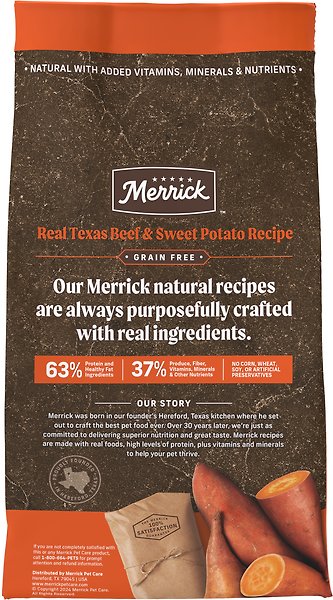 Show full view: Merrick Real Texas Beef + Sweet Potato Recipe Grain-Free Chicken-Free Adult Dry Dog Food, 4.54-kg bag slide 3 of 10