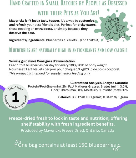 Show full view: Mavericks Freeze-Dried Whole Blueberries Dog Food Topping, 42-g bag slide 3 of 3