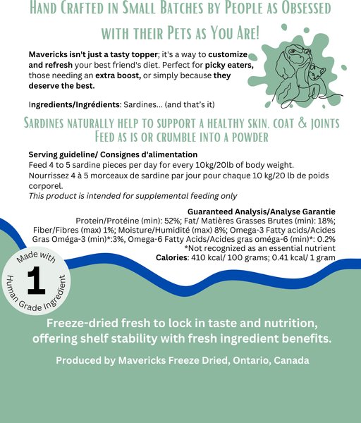 Show full view: Mavericks Freeze-Dried Sardine Pieces Dog & Cat Food Topping, 50-g bag slide 3 of 3