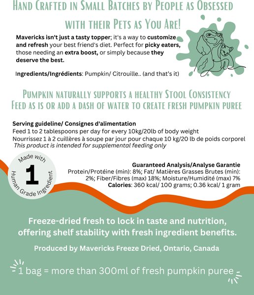 Show full view: Mavericks Freeze-Dried Pumpkin Dog & Cat Food Topping, 43-g bag slide 3 of 3