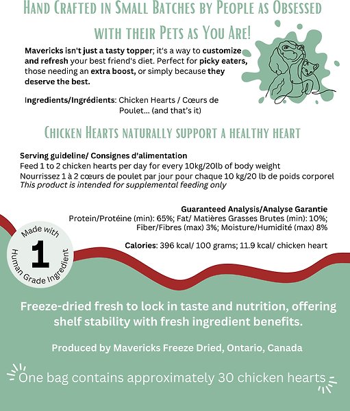 Show full view: Mavericks Freeze-Dried Chicken Hearts Dog & Cat Food Topping, 54-g bag slide 3 of 3