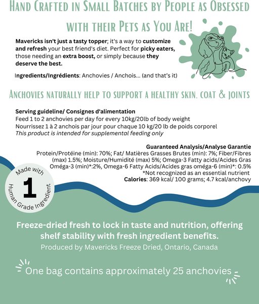 Show full view: Mavericks Freeze-Dried Anchovies Dog & Cat Food Topping, 28-g bag slide 3 of 3