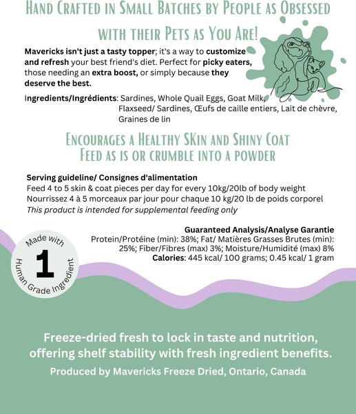 Show full view: Mavericks Freeze-Dried Skin & Coat Support Dog Food Topping, 50-g bag slide 3 of 3