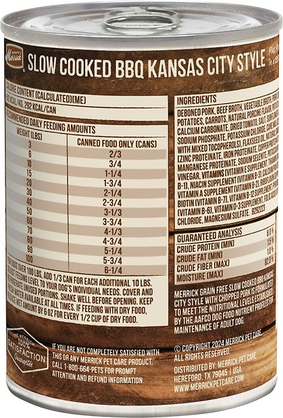 Show full view: Merrick Grain-Free Slow-Cooked BBQ Kansas City Style with Chopped Pork Wet Dog Food, 360-g can, case of 12 slide 3 of 11