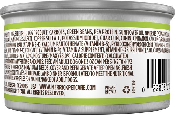 Show full view: Merrick Lil Plates Petite Pates Adult Grain-Free Lamb Dinner Wet Dog Food, 85-g can, case of 24 slide 3 of 9
