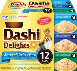 Inaba Dashi Delight Seafood Flavored Variety Pack Bits in Broth Cat Food Topping, 71-g cup, case of 12