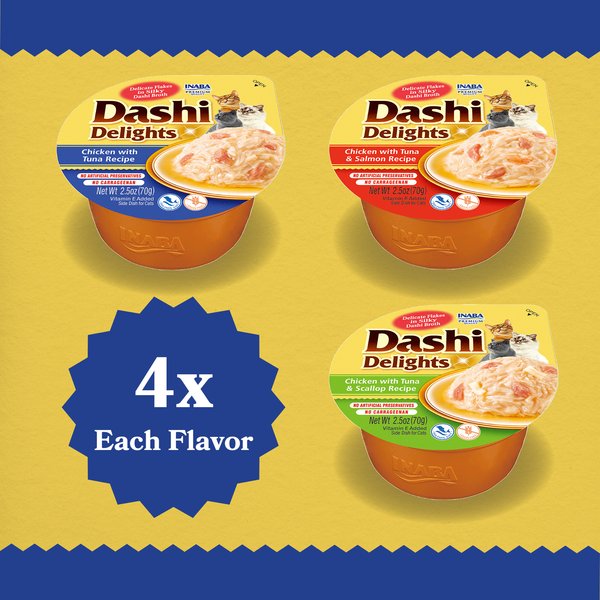 Show full view: Inaba Dashi Delight Tuna Flavored Variety Pack Bits in Broth Cat Food Topping, 71-g cup, case of 12 slide 3 of 10