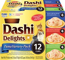 Inaba Dashi Delight Tuna Flavored Variety Pack Bits in Broth Cat Food Topping, 71-g cup, case of 12