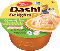 Inaba Dashi Delights Chicken with Tuna & Scallop Flavored Bits in Broth Cat Food Topping, 71-g cup