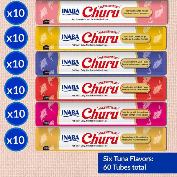 Show full view: Inaba Churu Purees Tuna Seafood Variety Pack Lickable Cat Treats, 14-g tube, 60 count slide 3 of 11
